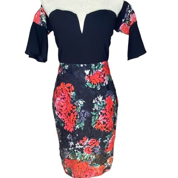 Soieblu Sz Med Black Multi Color Floral Embroidered Off-the-Shoulder Mini Dress - Picture 2 of 7